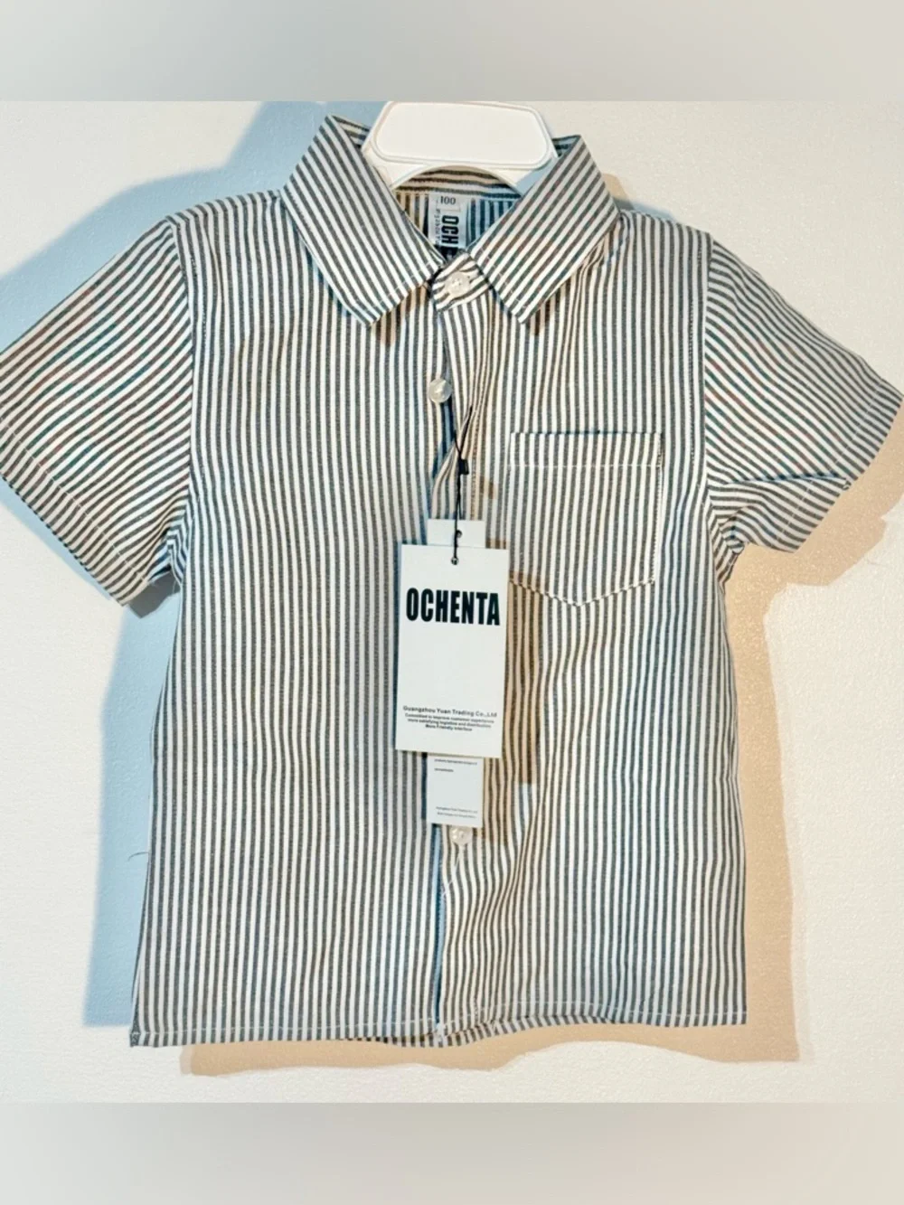 Ochenta Kids' Short-Sleeve Button-Down Shirt in White and Navy Stripe - Picture 1 of 5